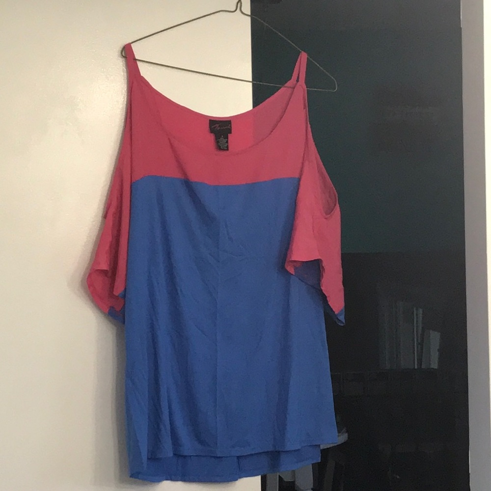 Torrid blue and pink top with exposed shoulders